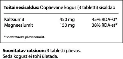 Kal-Mag Plus D (kaltsium, magneesium, D3) toitumisalane teave